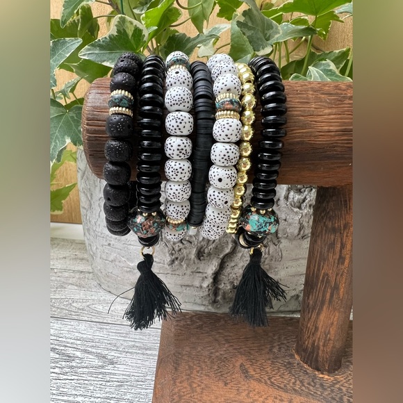 Stylish Boho Chic Gold & Black Stacked Bracelets -Trendy Mixed Style Bracelets - Picture 4 of 17